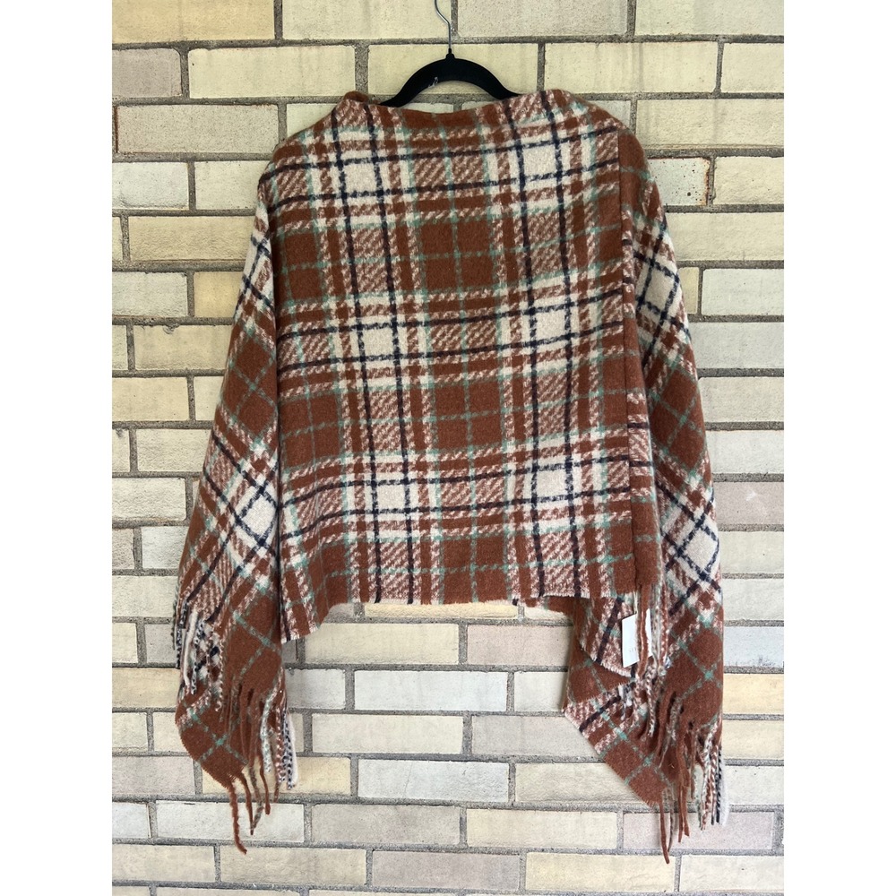 Styliné Plaid Fringe Fall Poncho Brown White One Size NWT Small Medium Large XL